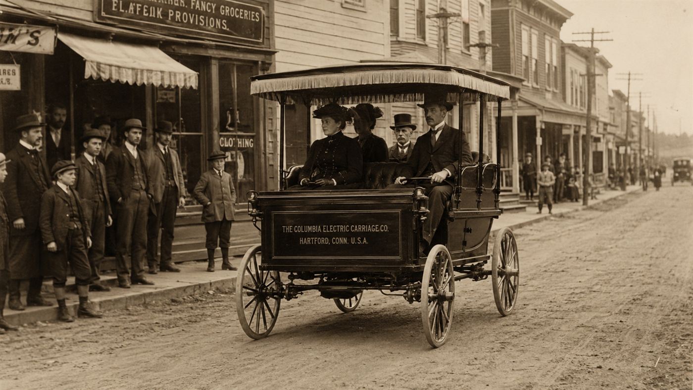 An 1890s electric carriage like the William Morrison electric car on a small-town street