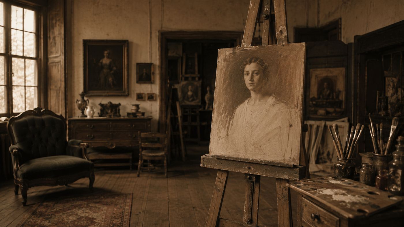 A 19th-century portrait painter in his studio with an easel, brushes and an unfinished portrait, evoking Samuel Morse's first career