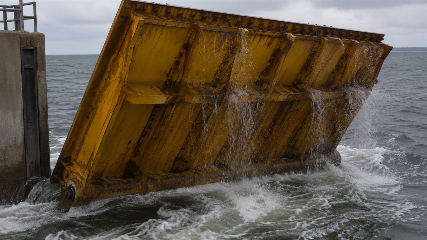 A single yellow MOSE flood gate tilting up out of the water on its hinge at a Venice lagoon inlet