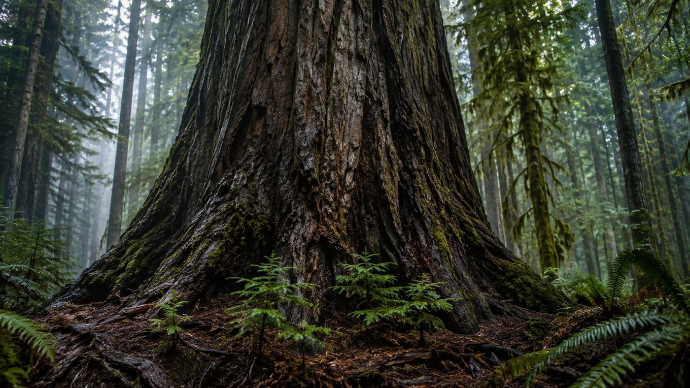A large mother tree towering over seedlings in a misty old-growth forest