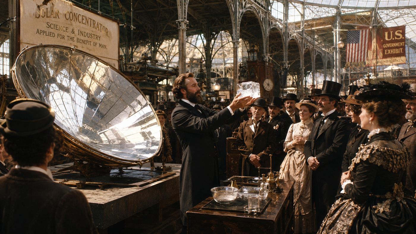 A crowd in 19th-century dress gathered around a large solar reflector at an exhibition while a man presents a block of ice
