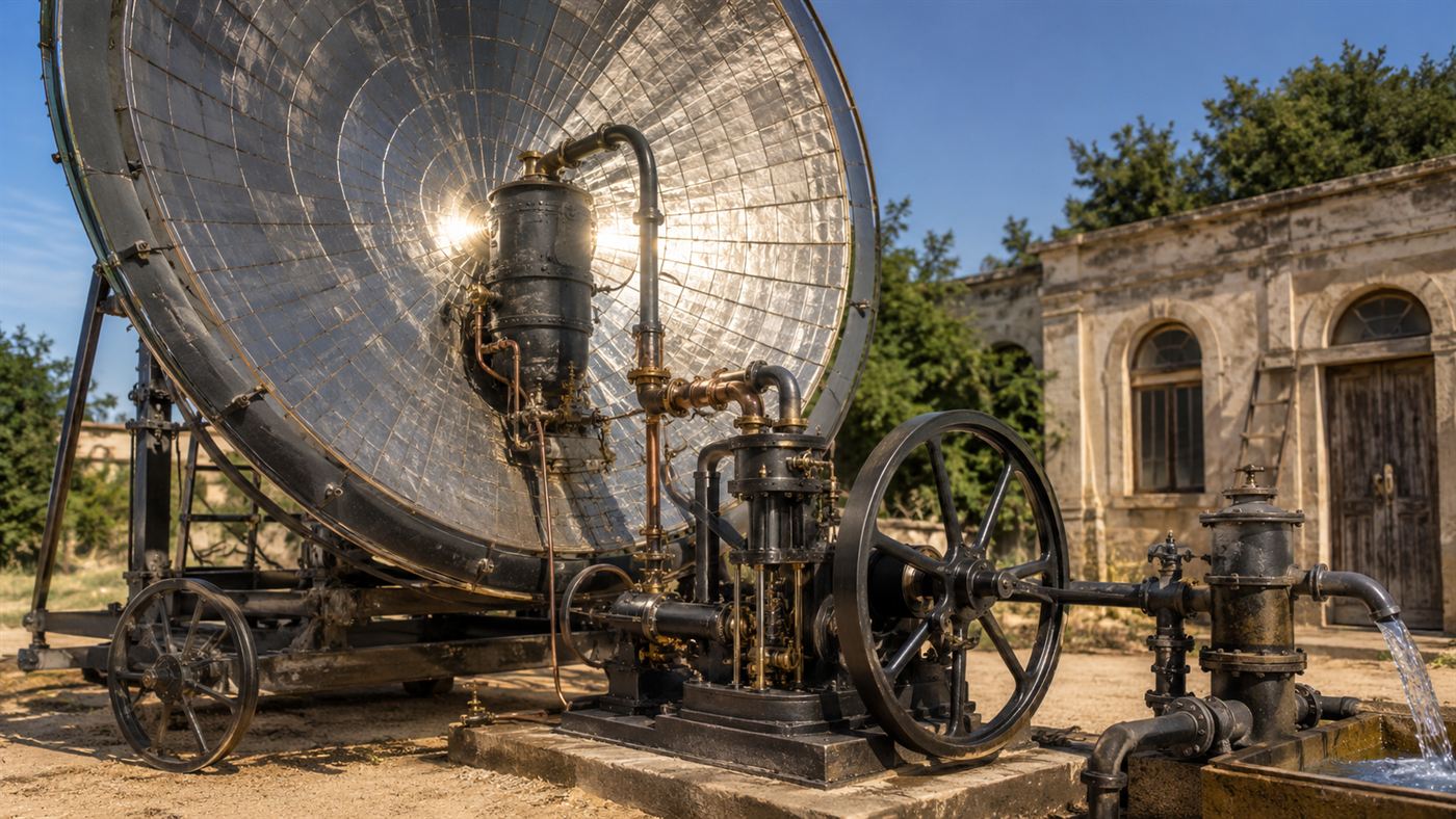 A 19th-century solar steam engine with a parabolic dish reflector connected to a small piston engine and water pump