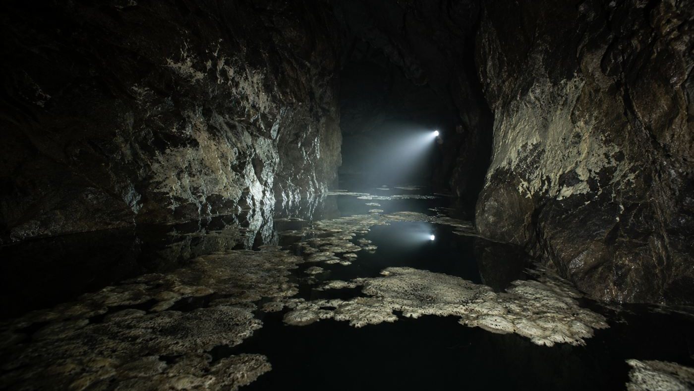 A dark flooded passage of Movile Cave with pale microbial mats on the water and walls