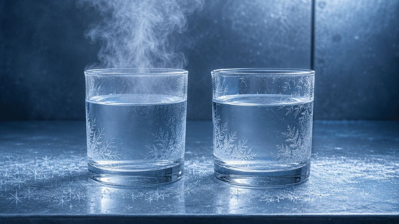 Two glasses of water side by side on a frosty surface, one steaming hot and one cold, with ice crystals beginning to form