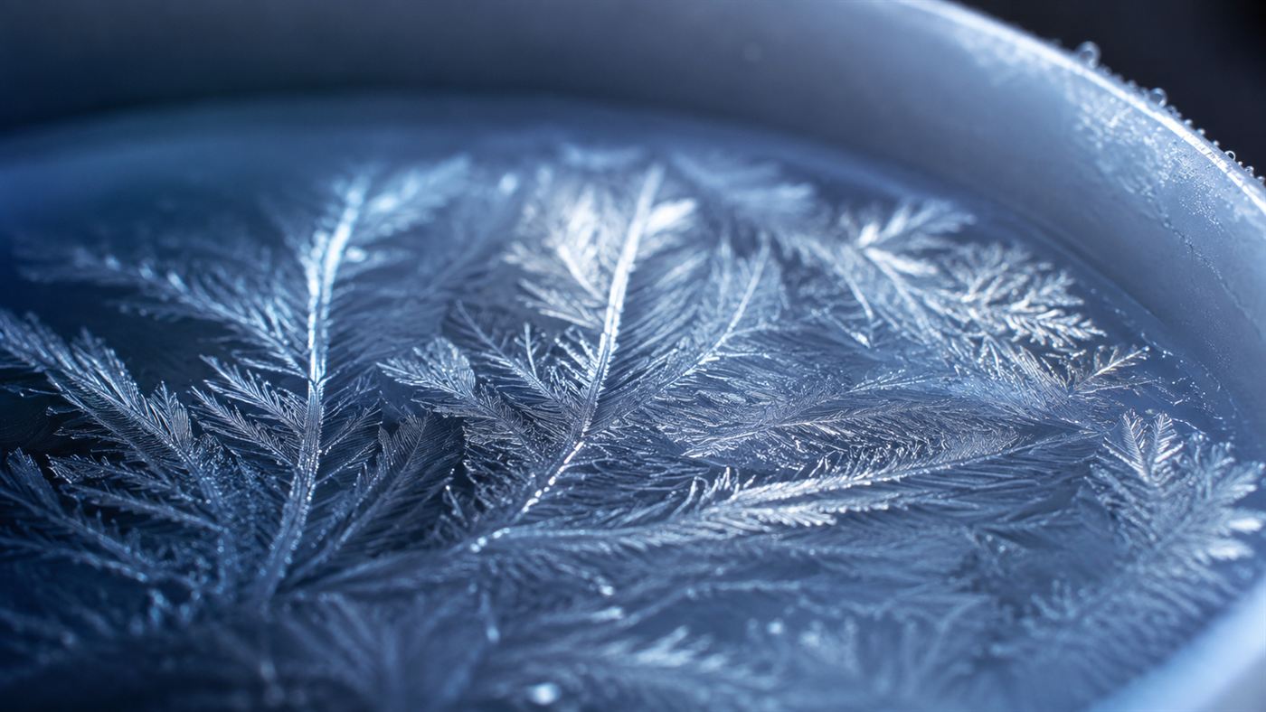 Macro close-up of delicate ice crystals and frost spreading across the surface of water in a cup