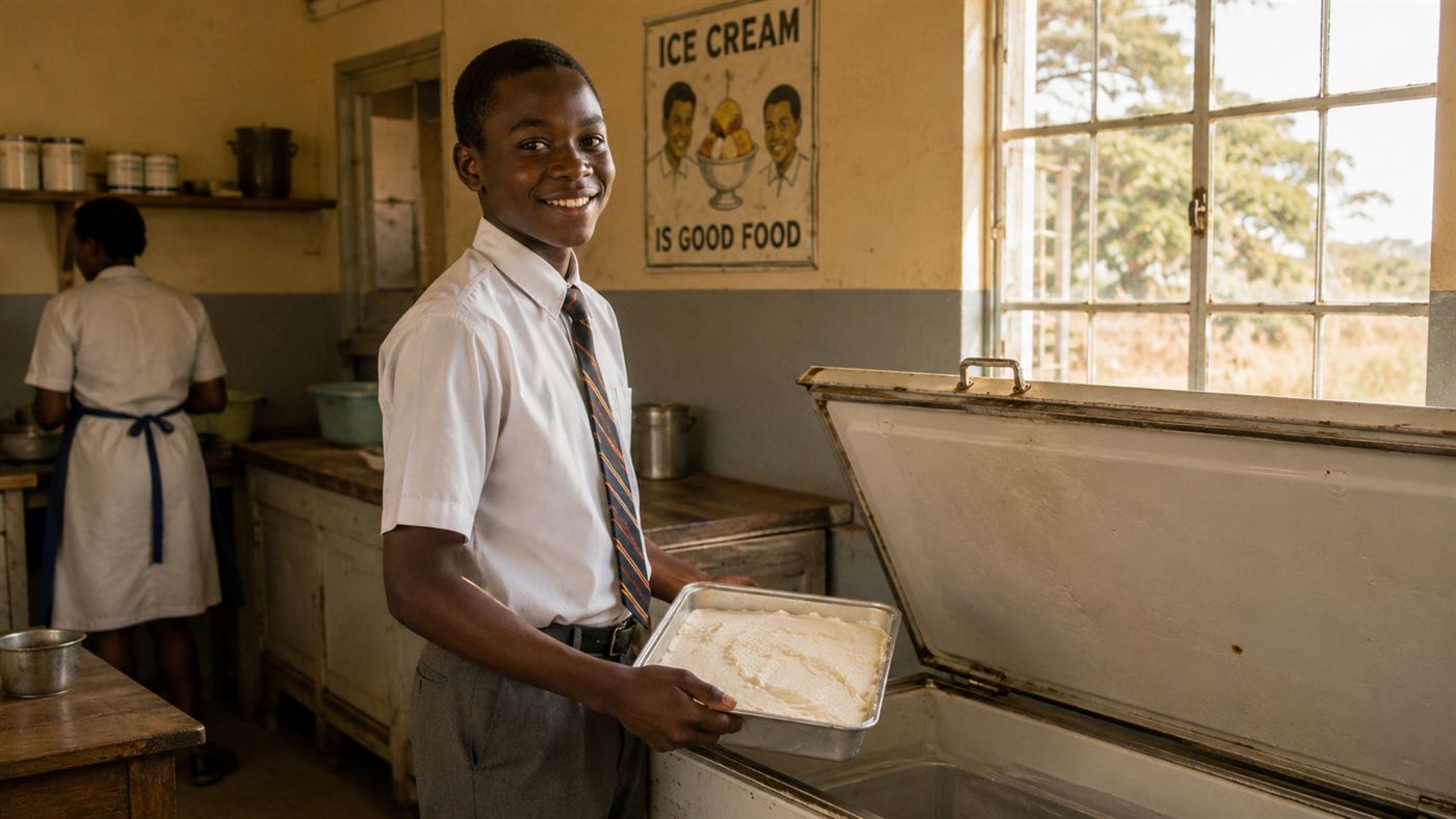 A 1960s African schoolboy in uniform in a school kitchen holding a tray of homemade ice cream mixture, warm nostalgic light