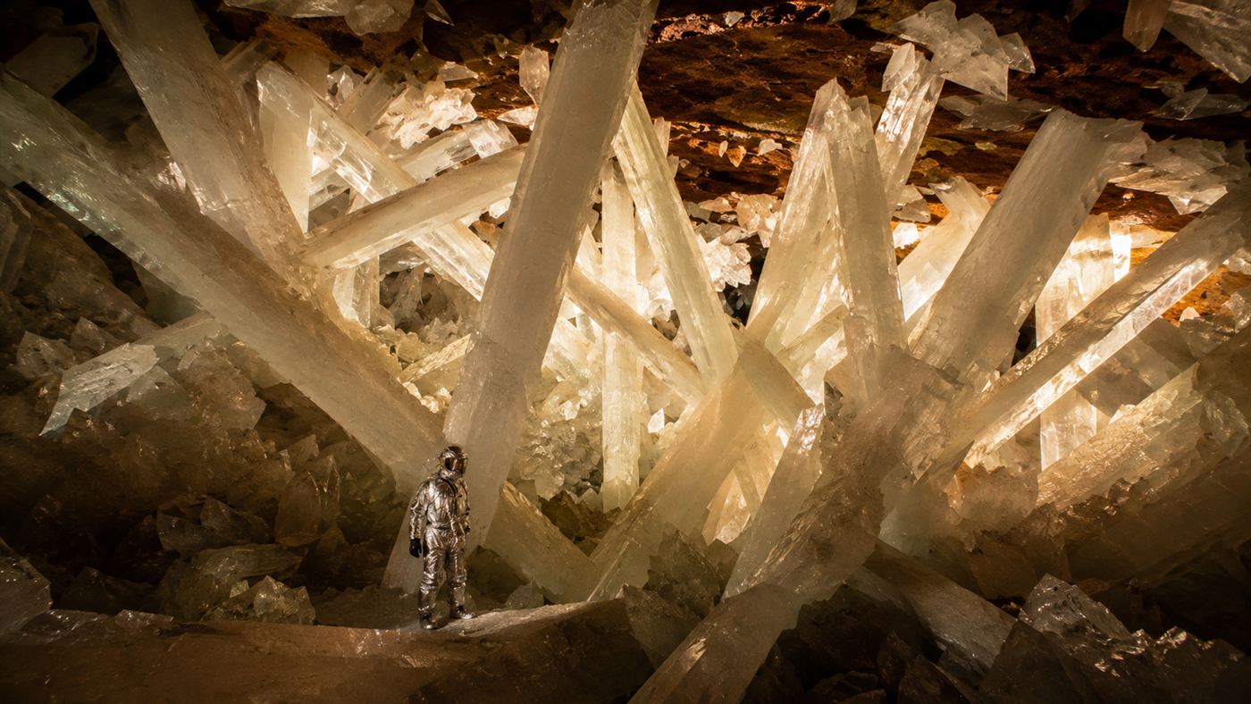 The Naica crystal cave in Mexico, giant translucent selenite crystal beams crisscrossing a cavern with a tiny person in a heat suit for scale