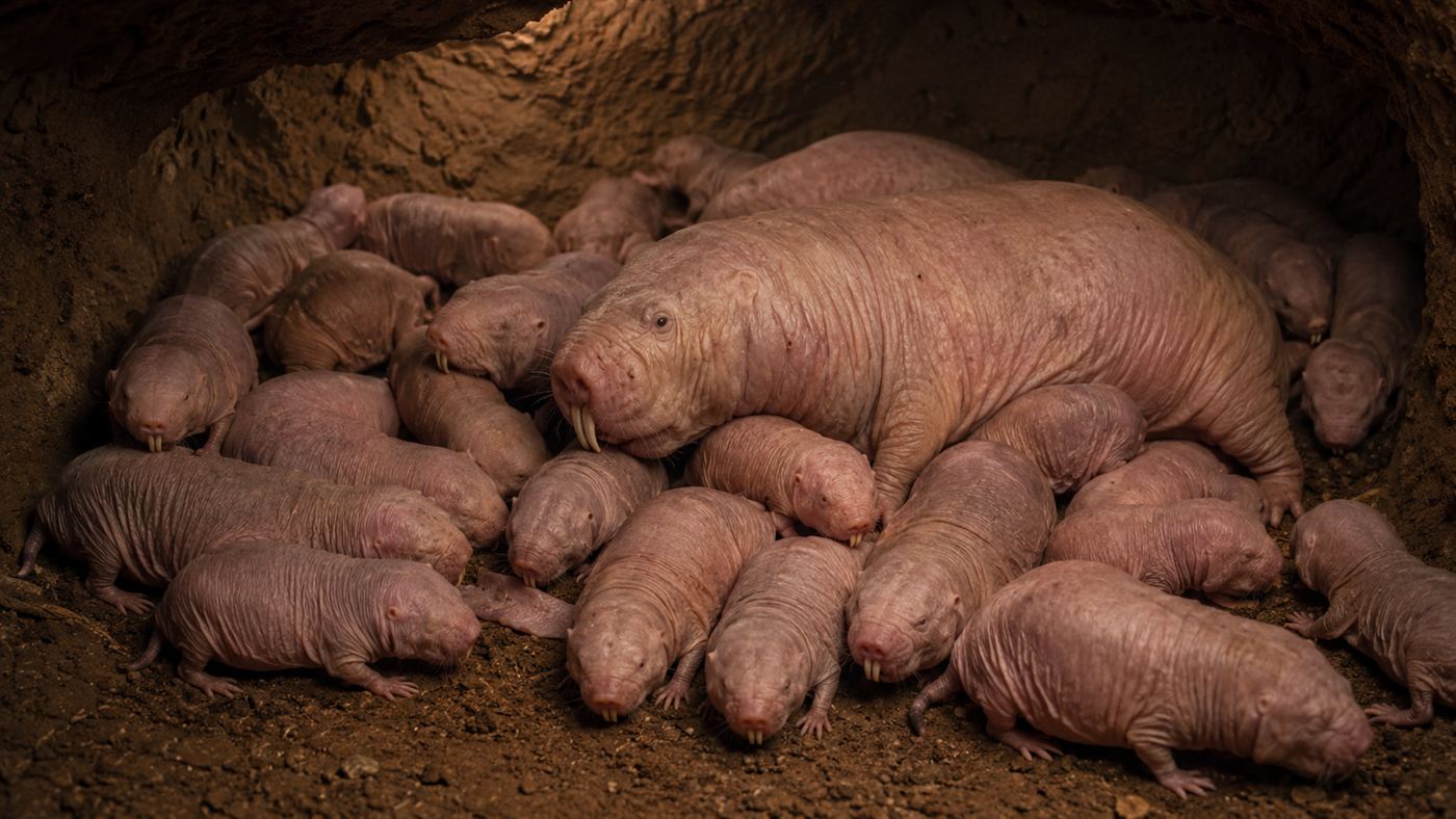 A pile of pink naked mole-rats huddled together inside an underground tunnel, with one larger queen among the smaller workers