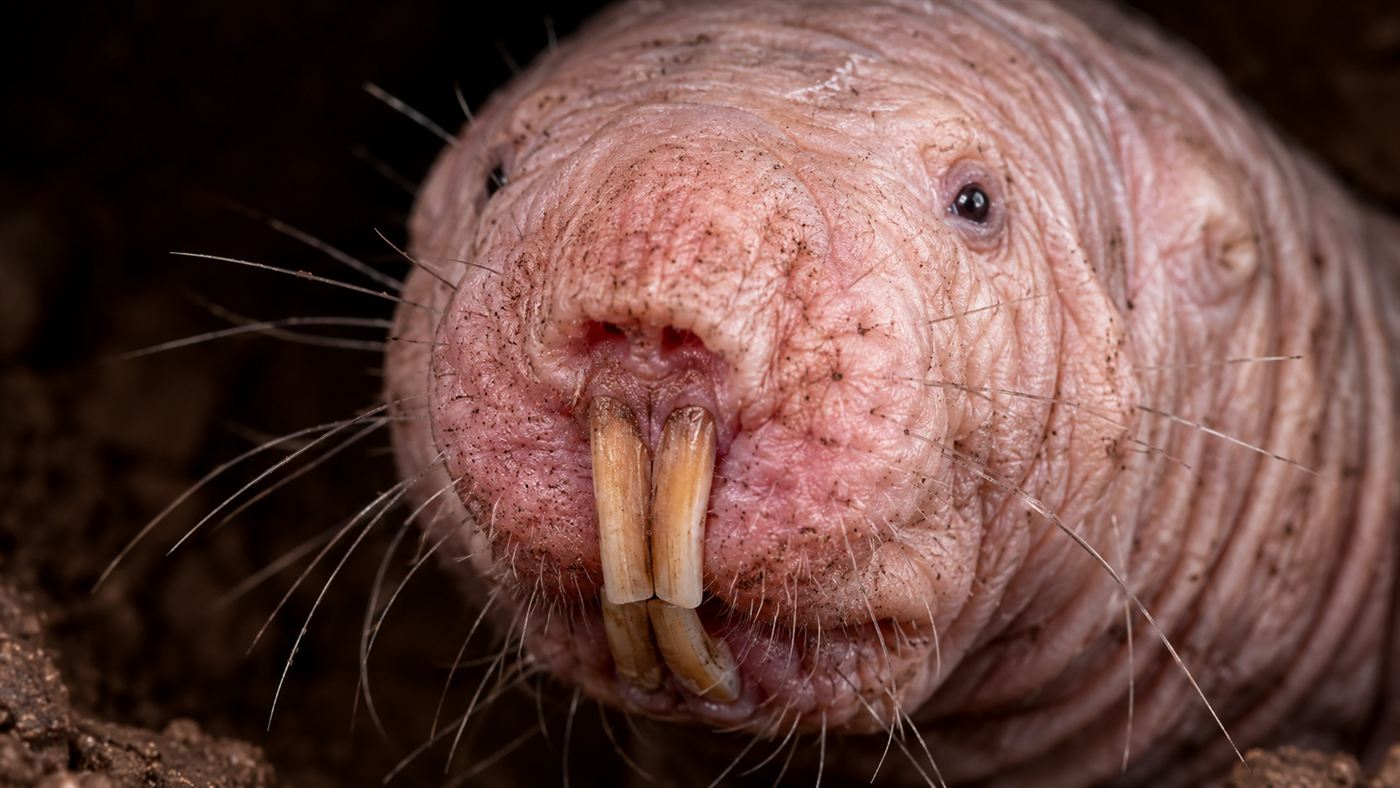 Extreme close-up of a naked mole-rat face showing the large protruding orange incisor teeth and tiny eyes