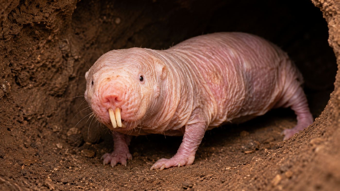 A pink wrinkled hairless naked mole-rat with large protruding front teeth and tiny eyes in an earthy burrow under soft light
