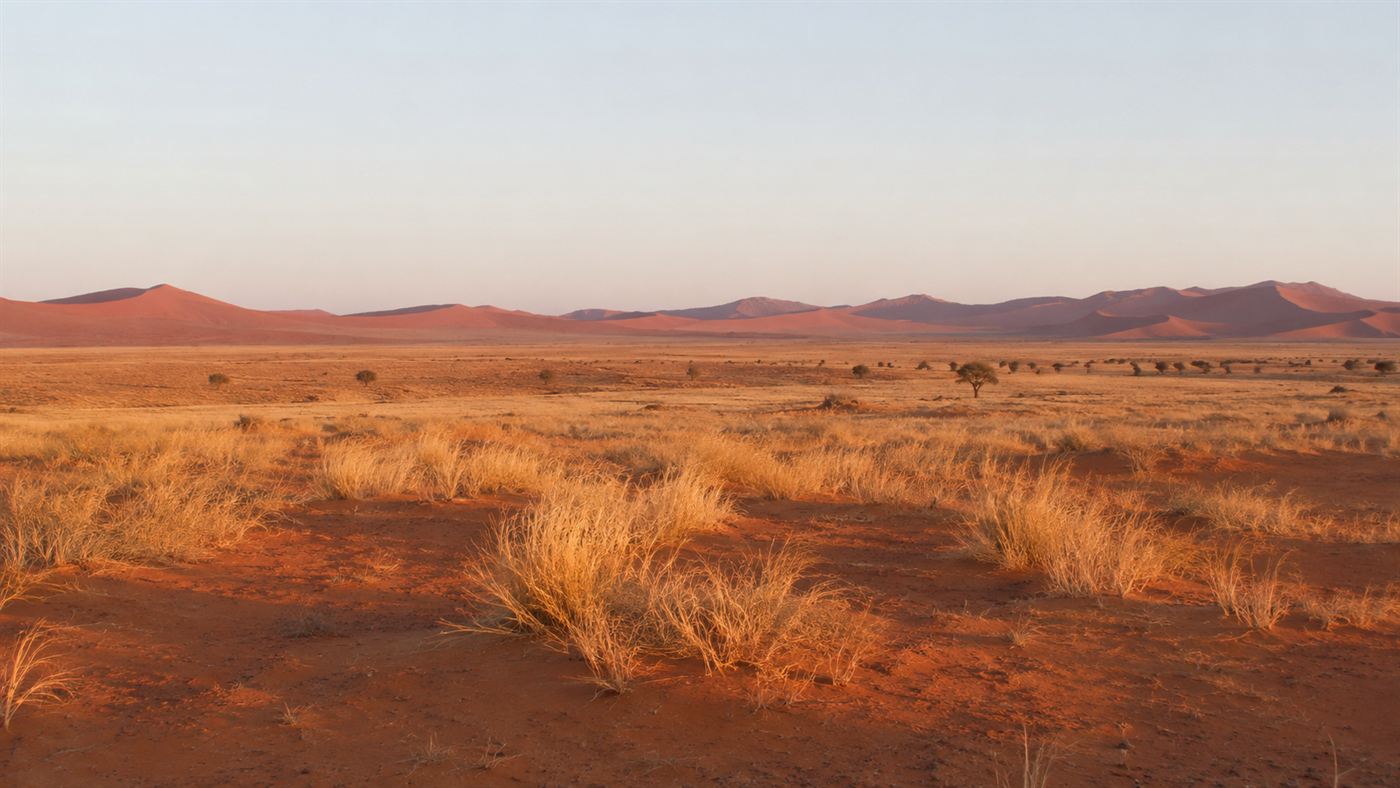 The wide open Namib Desert grassland with dry golden grasses, reddish sand and distant dunes under a pale sky