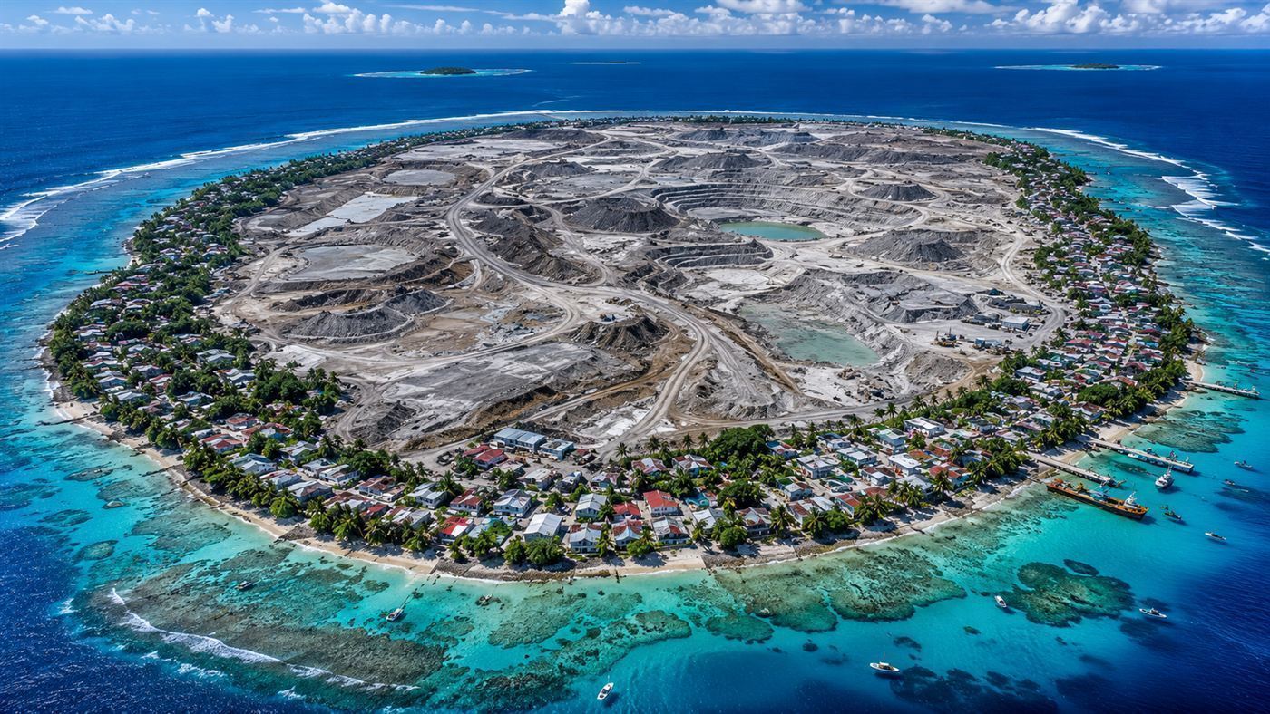 Aerial view of Nauru, a Pacific island with a narrow crowded green coastal strip of houses ringing a barren grey mined interior