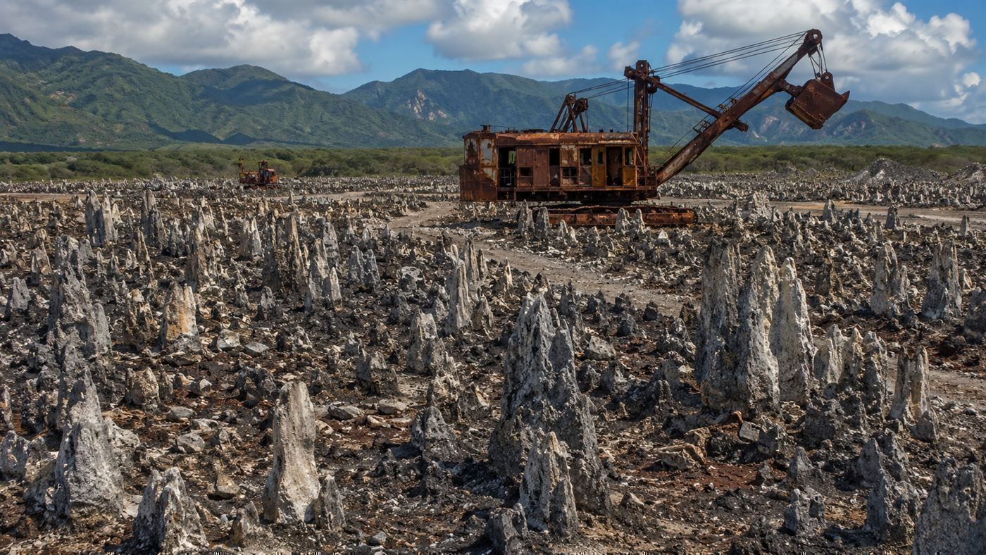 A barren field of jagged coral pinnacles left by phosphate strip mining on Nauru, with old rusting mining equipment
