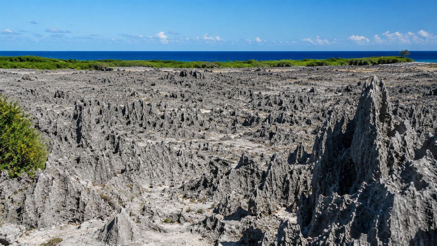 The barren grey moonscape of mined-out phosphate pinnacles covering the interior of Nauru, a Pacific island, with ocean beyond