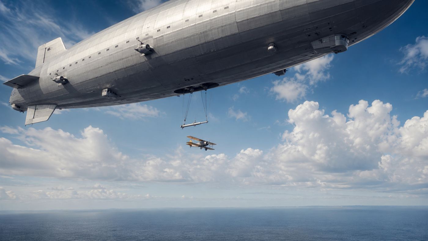 A 1930s US Navy airship in flight releasing a small biplane fighter from a trapeze beneath its belly, one of the flying aircraft carriers
