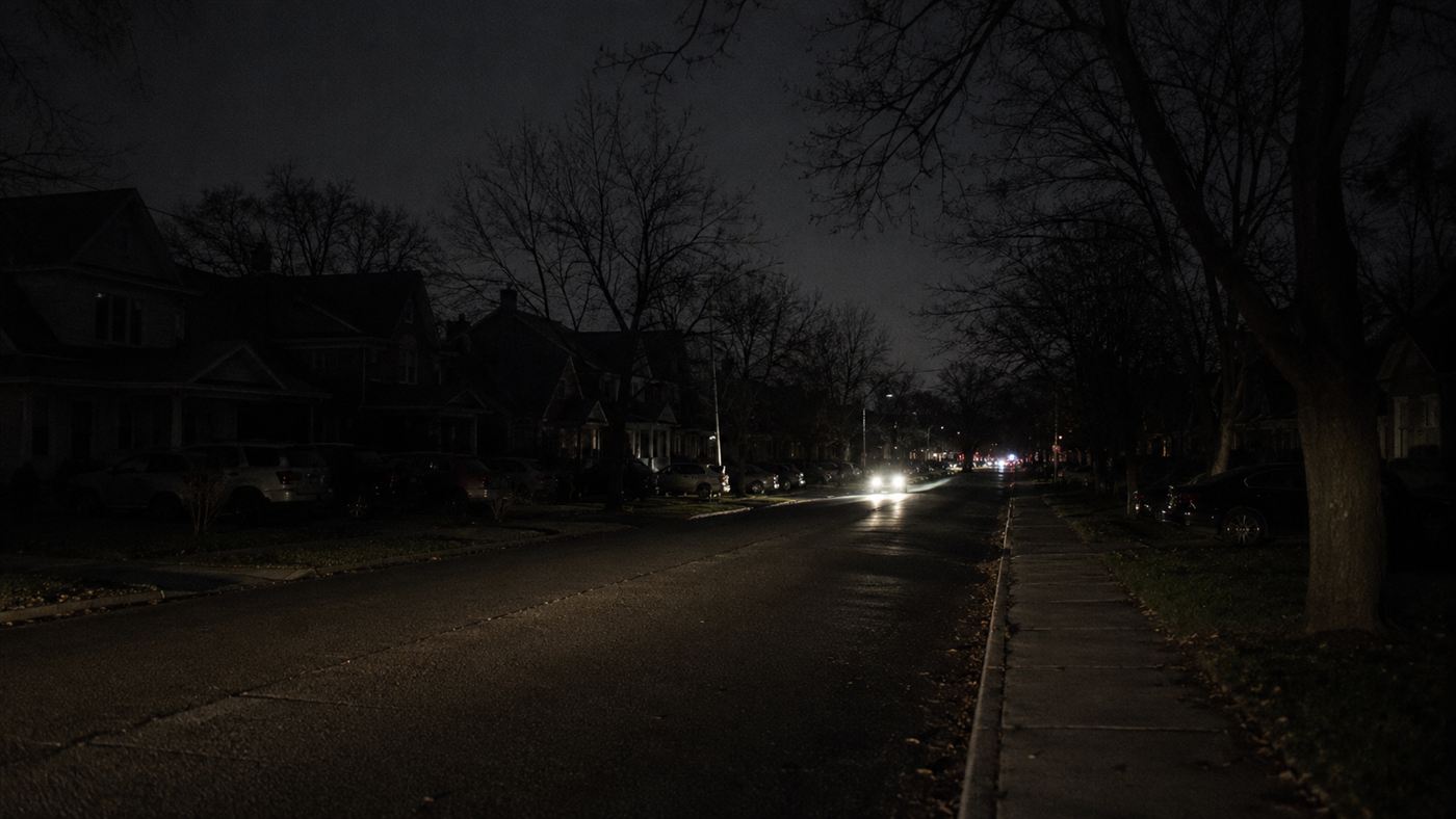 A dark suburban street during a power blackout at night, houses without lights