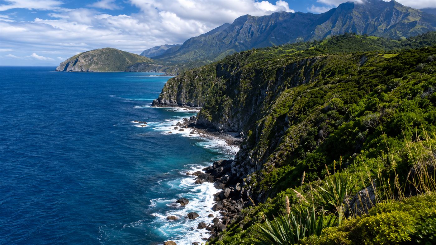 The rugged coast of New Zealand, the exposed high point of the continent of Zealandia