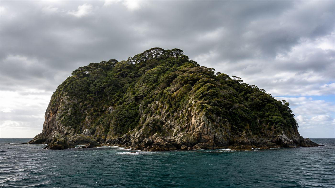 A rugged green offshore island with rocky coast and native forest off New Zealand