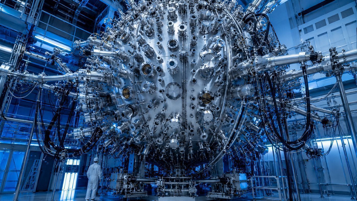 The huge spherical fusion target chamber of the National Ignition Facility studded with laser ports