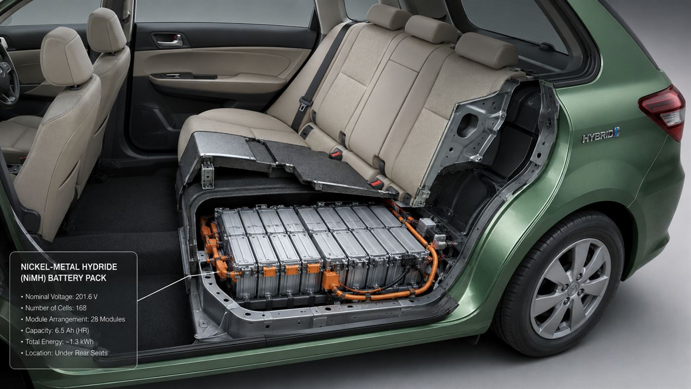 A cutaway of a hybrid car showing its nickel-metal hydride battery pack, the kind Stanford Ovshinsky helped create