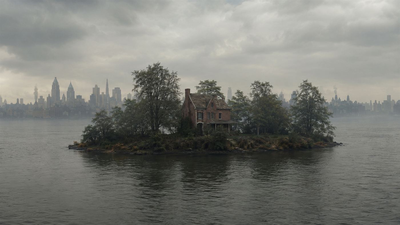 A small isolated cottage on a wooded island in a river with a distant city skyline across the grey water, evoking North Brother Island