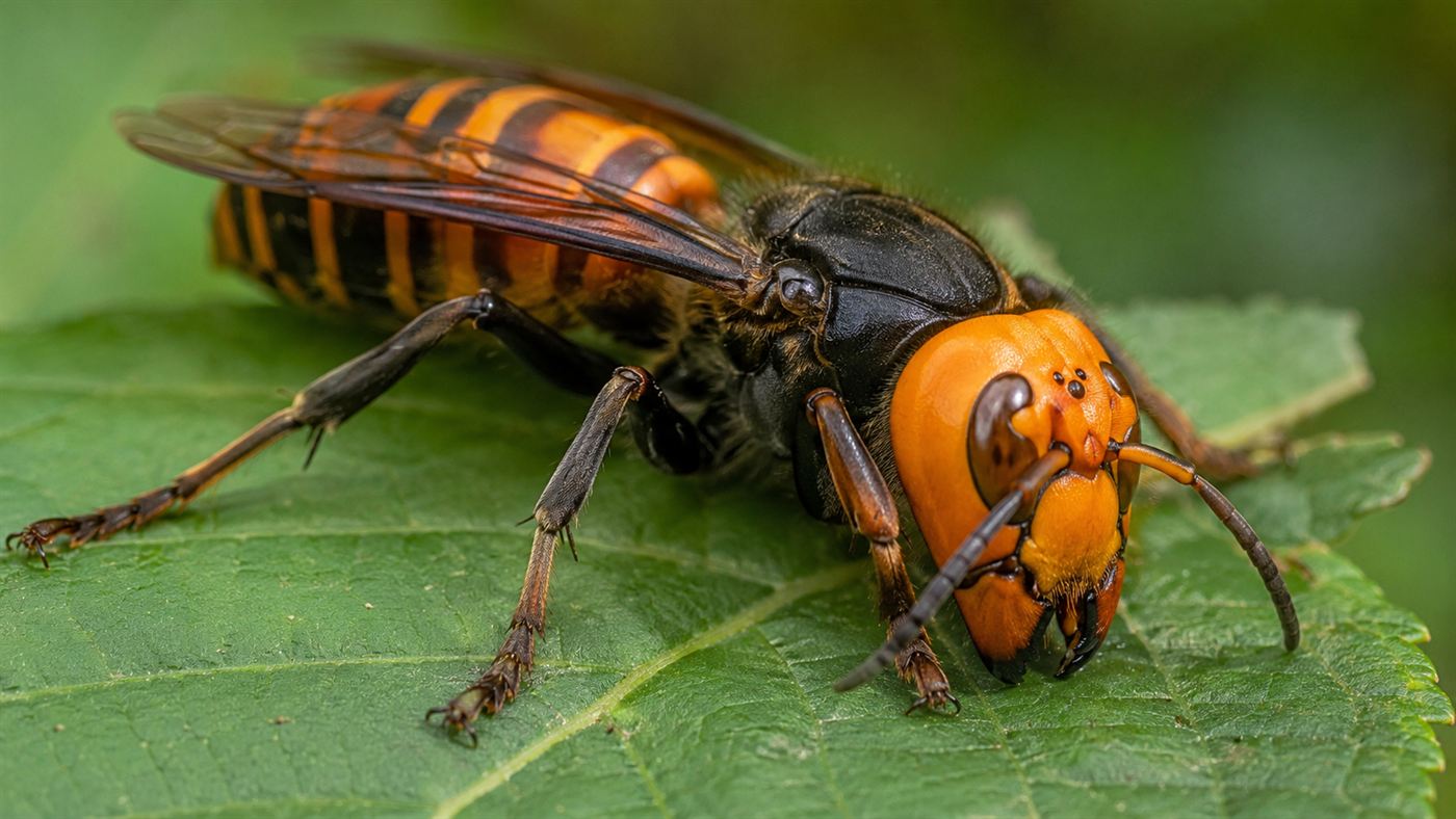 Extreme close-up of a northern giant hornet, the world's largest hornet, showing its orange head and powerful mandibles on a leaf
