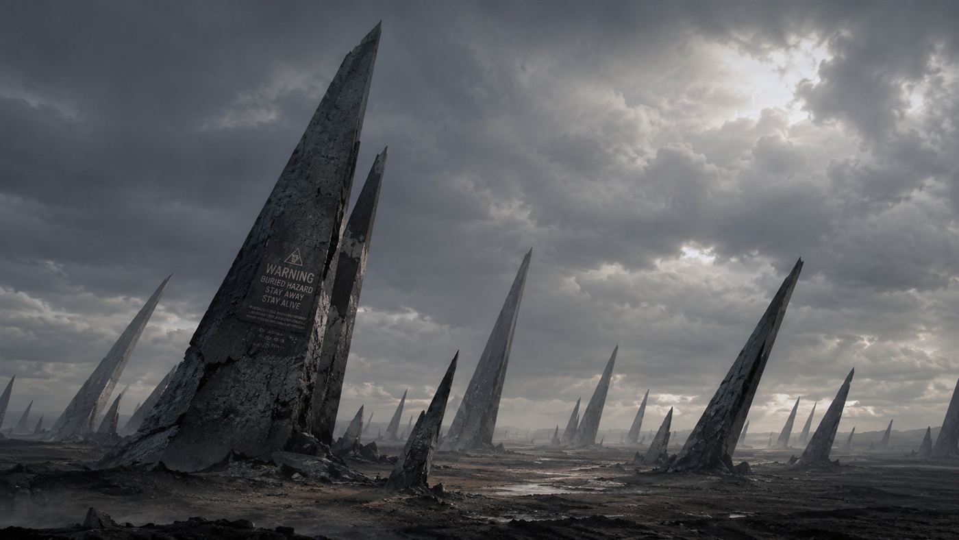 A field of jagged concrete spikes built as a long-term warning marker over buried nuclear waste