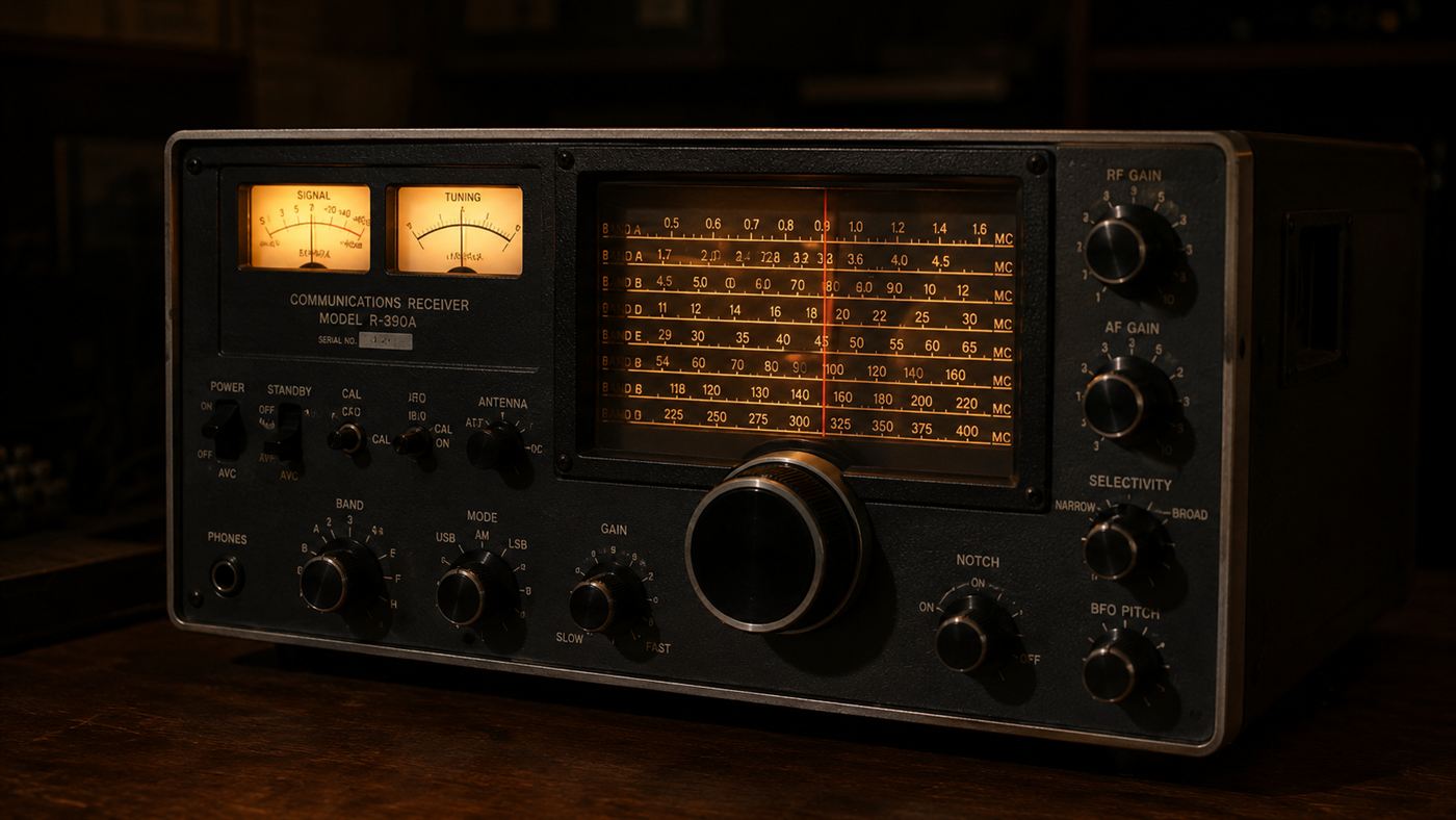 A vintage shortwave radio with a glowing dial in a dark room, used to receive numbers stations