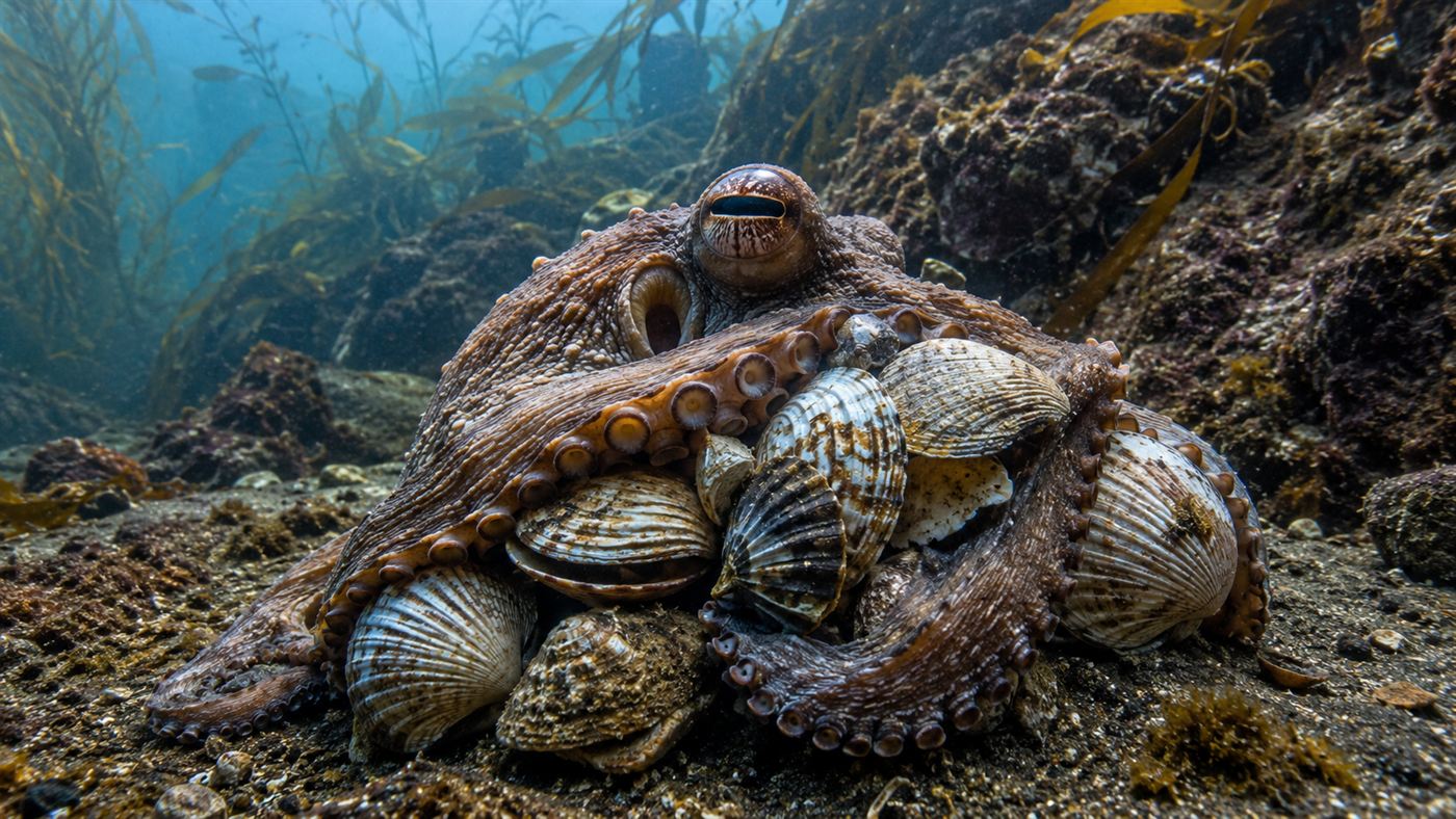 A common octopus clutching seashells around its body as armor on a reef, showing octopus intelligence