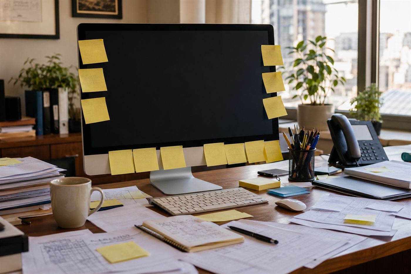 A busy office desk and computer monitor covered in yellow sticky notes with reminders, showing how common the Post-it note became