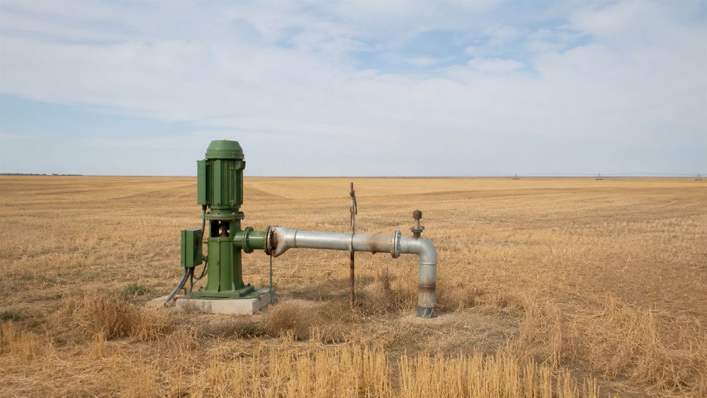 An irrigation well and pump with pipes rising in a vast flat High Plains farm field of dry golden crops