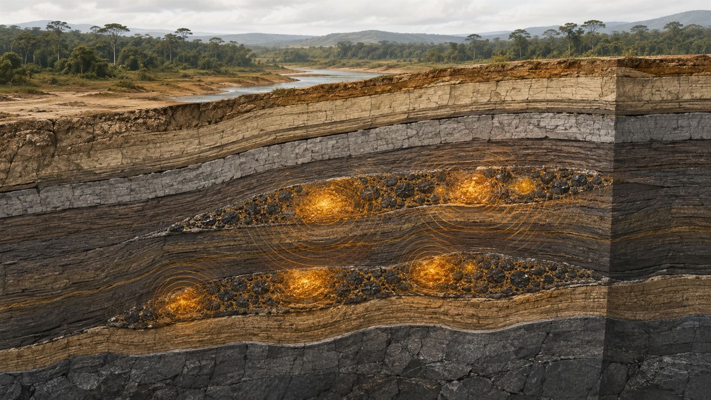 A geological diagram showing uranium ore layers in the Oklo mine with coloured zones indicating where fission products remained contained in the ancient rock formation