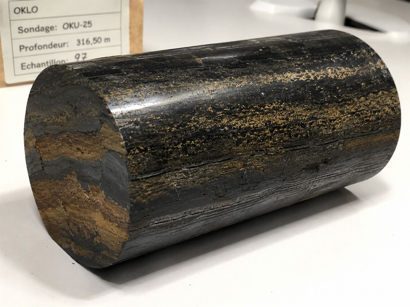 A polished core sample of dark uranium-bearing rock from the Oklo reactor zone, showing layered mineral structures in shades of black and brown