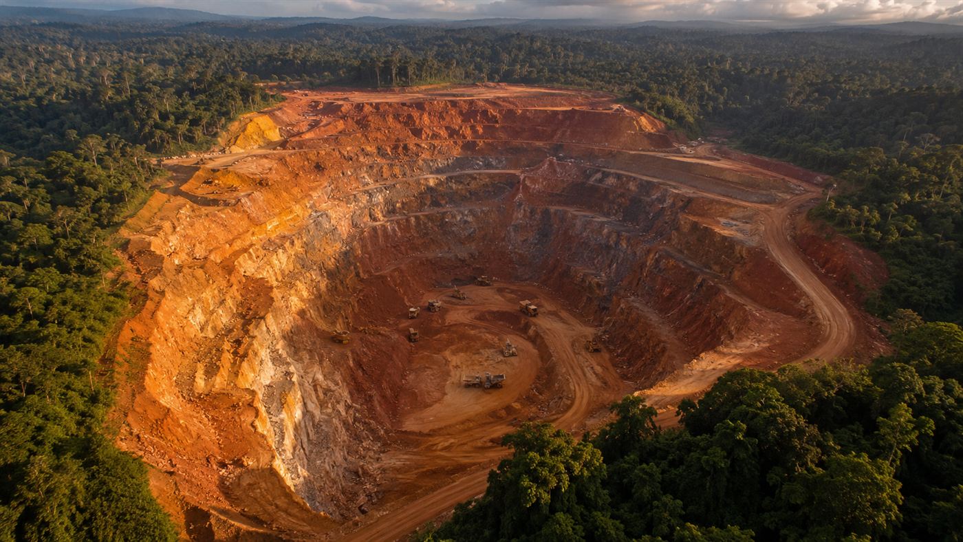 An aerial view of a vast open-pit uranium mine in Gabon surrounded by equatorial rainforest with deep excavated terraces of reddish-orange rock