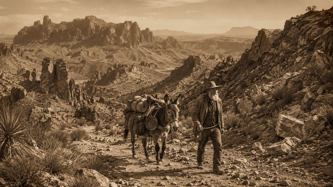 A lone old prospector with a burro and pickaxe on a rocky desert trail in the Arizona mountains in the 1890s, sepia tone