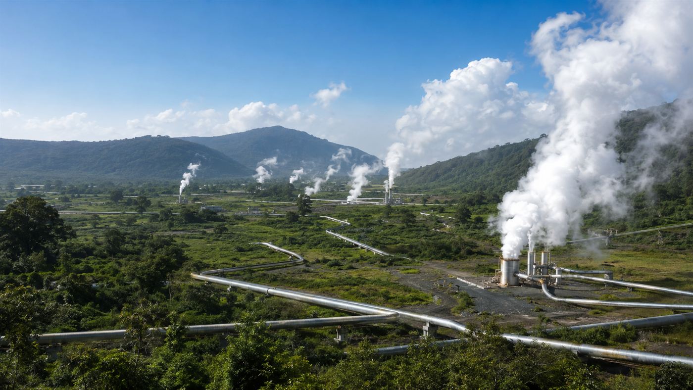Steam rising from geothermal wellheads and pipes at Olkaria in the Rift Valley