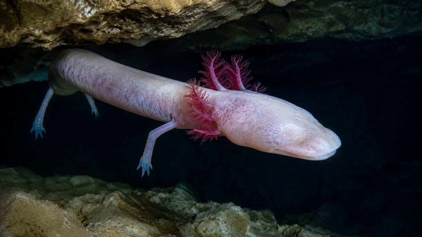A pale eyeless olm cave salamander with feathery red external gills swimming in dark cave water