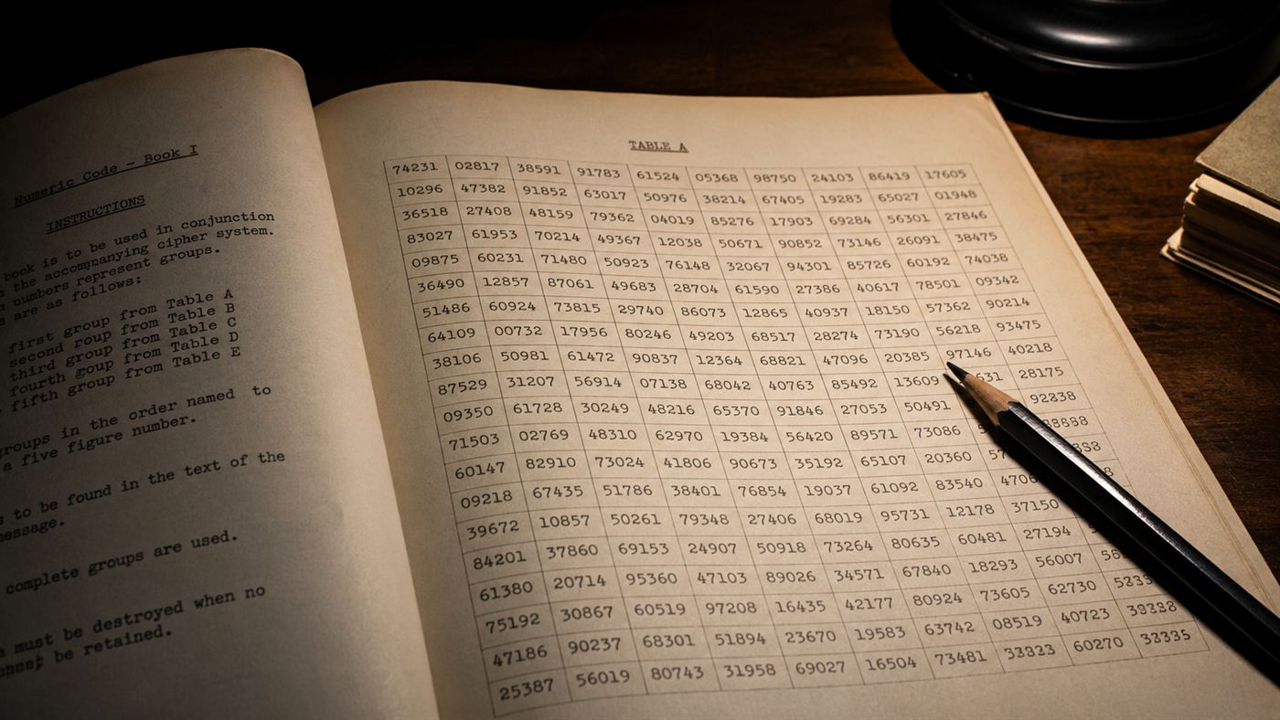 A one-time-pad codebook covered in grids of random numbers, with a pencil, used to decode numbers stations