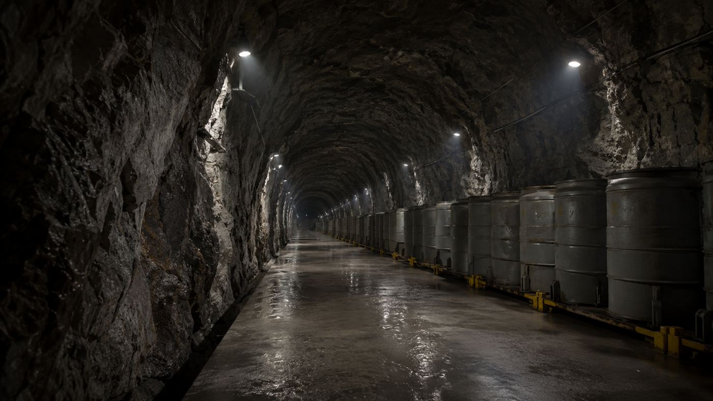 A deep tunnel of a nuclear waste repository bored into grey granite bedrock