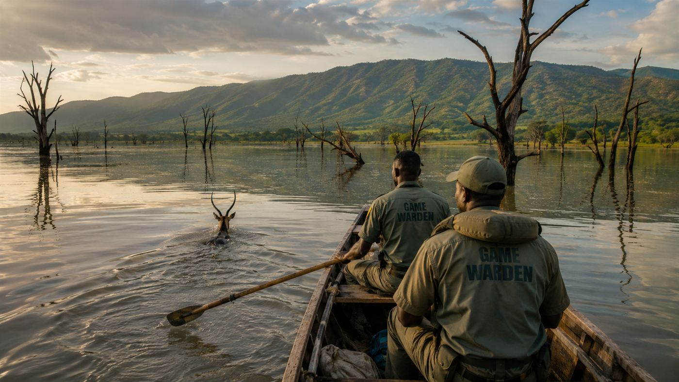 Game rangers in a small boat guiding a swimming antelope across a flooded African valley during Operation Noah