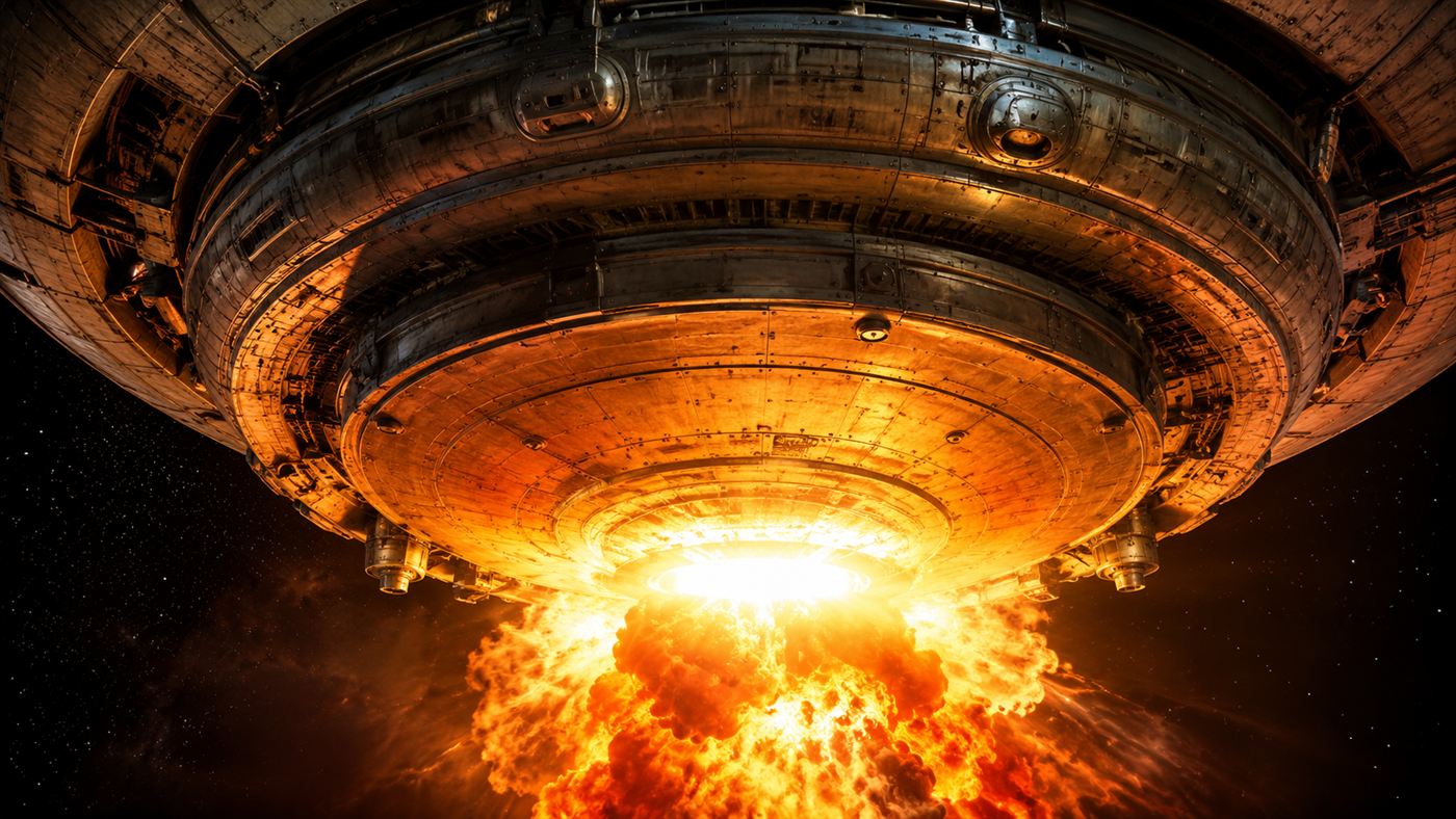 The thick armoured pusher plate under a Project Orion spaceship with a nuclear fireball detonating below it