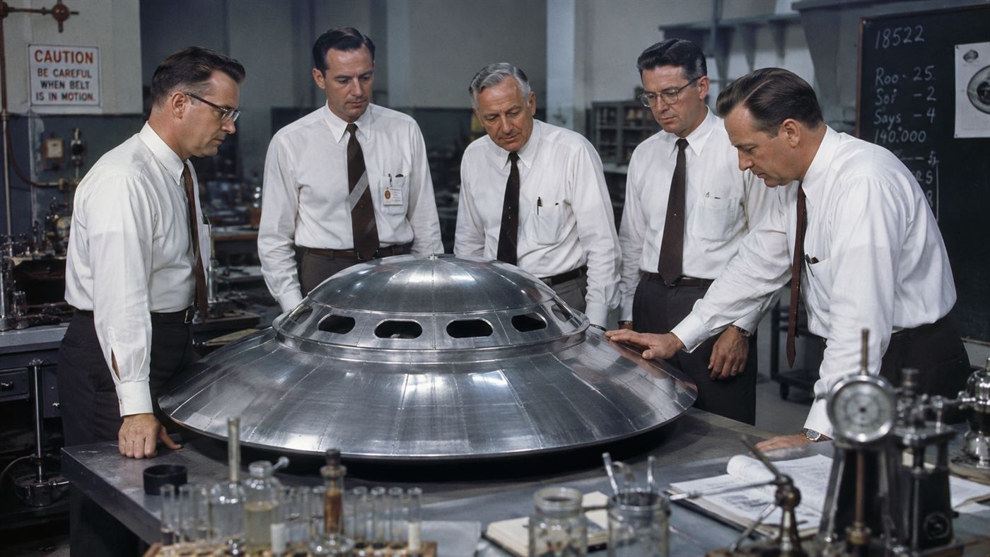 1950s scientists examining a metal model of a domed Project Orion spaceship in a laboratory