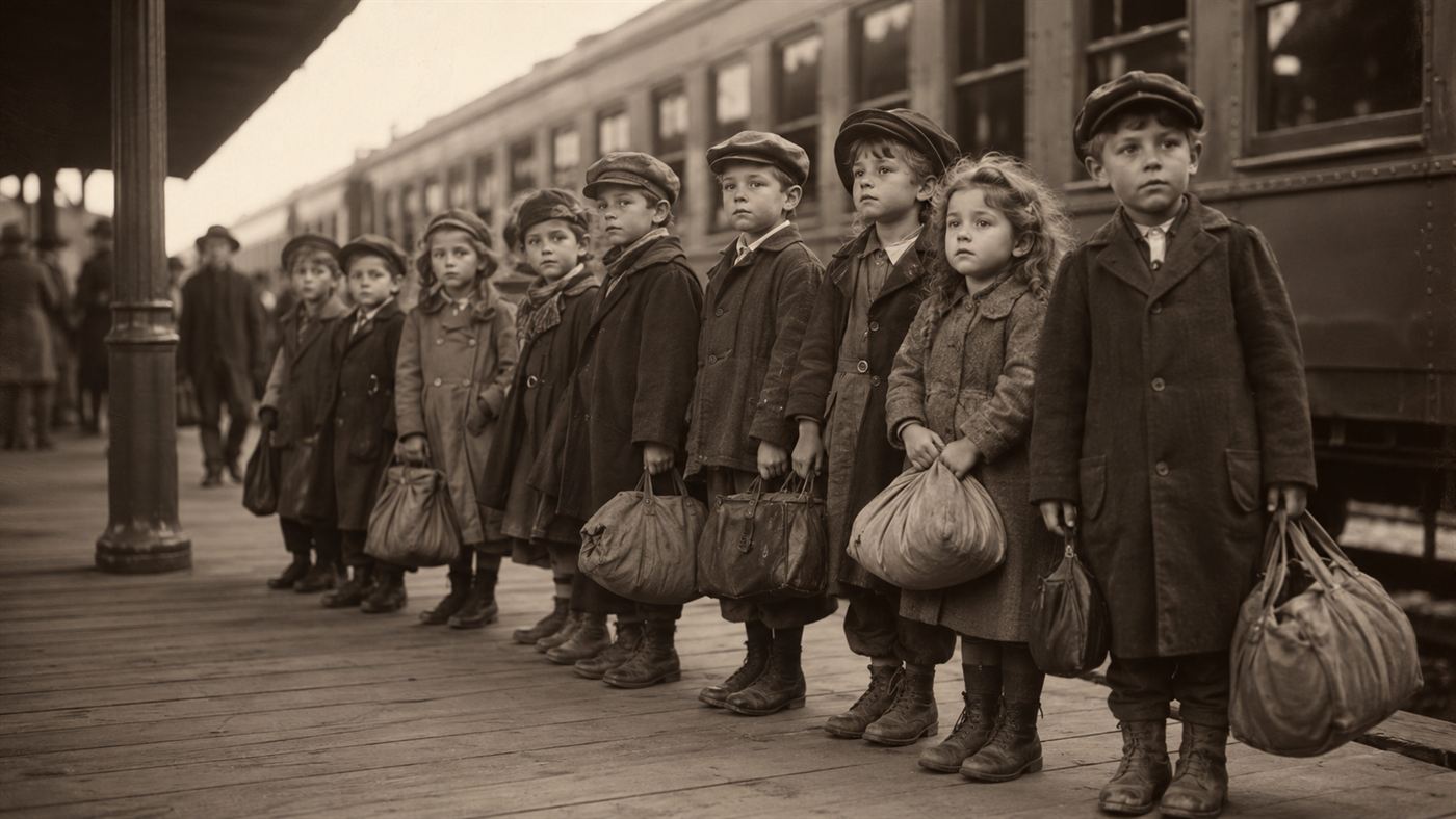 A group of well-dressed children from the orphan trains with small bags standing on a station platform in the early 1900s waiting to be chosen