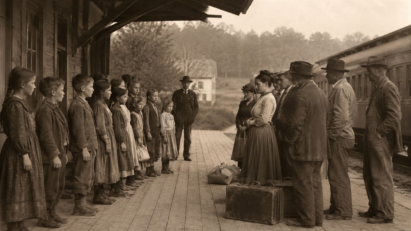 Prospective families inspecting a line of orphan children at a rural train station in the early 1900s, choosing which to take home