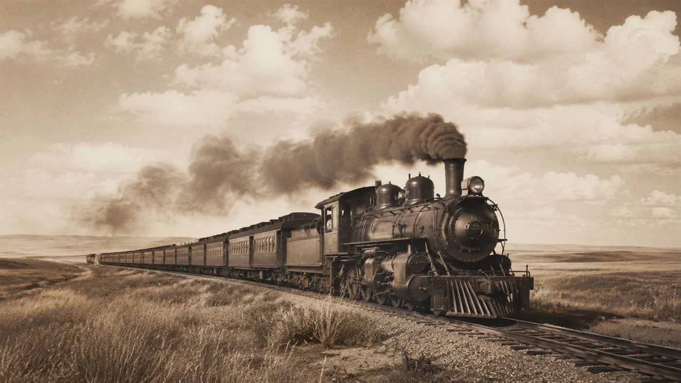 A vintage steam locomotive crossing the open Midwestern prairie under a wide sky in the early 1900s