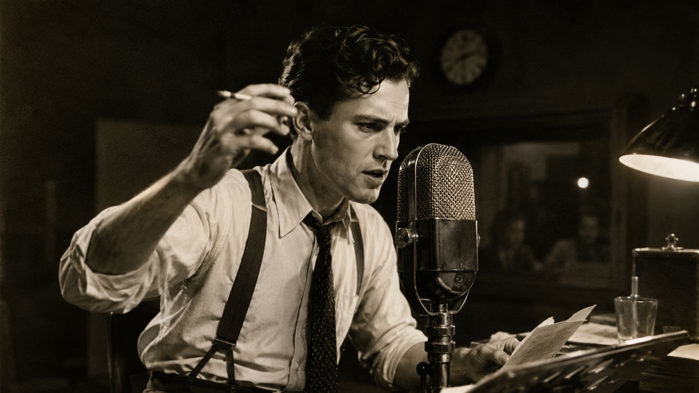 A young man in shirtsleeves leaning into a 1930s CBS-style radio microphone in a studio
