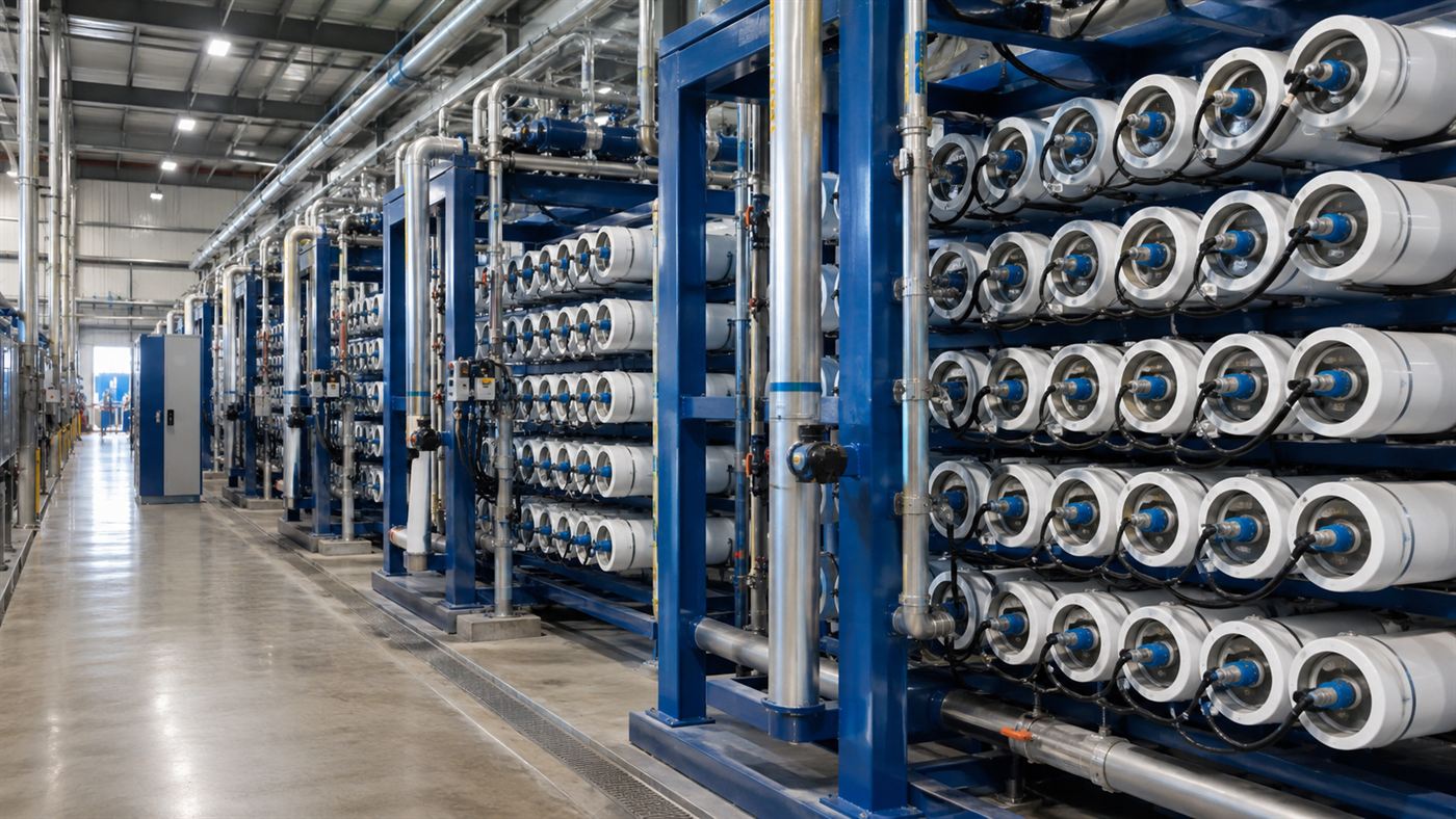 Rows of stacked blue semi-permeable membrane cassettes and pipes inside a clean water-power facility