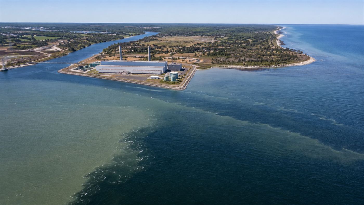 A wide river meeting the blue sea at an estuary with a power plant on the shore where the waters mix