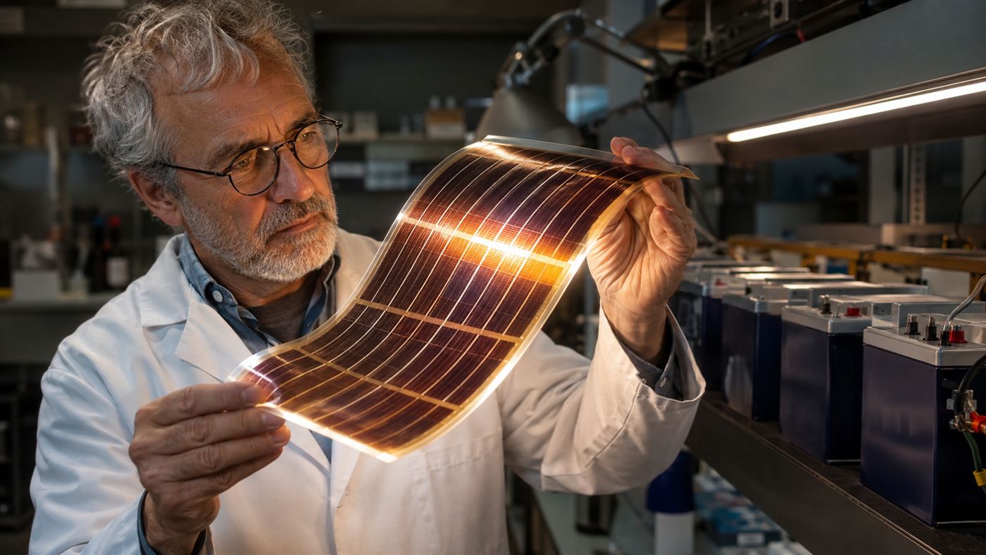 An inventor in a lab coat examining a flexible thin-film solar panel beside a row of batteries in a laboratory