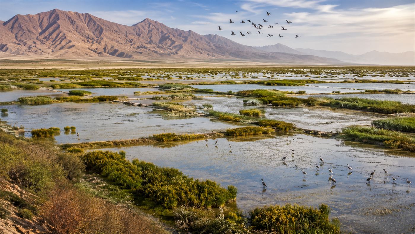 Shallow managed water and green vegetation spread across parts of a former dry lakebed with birds wading in it